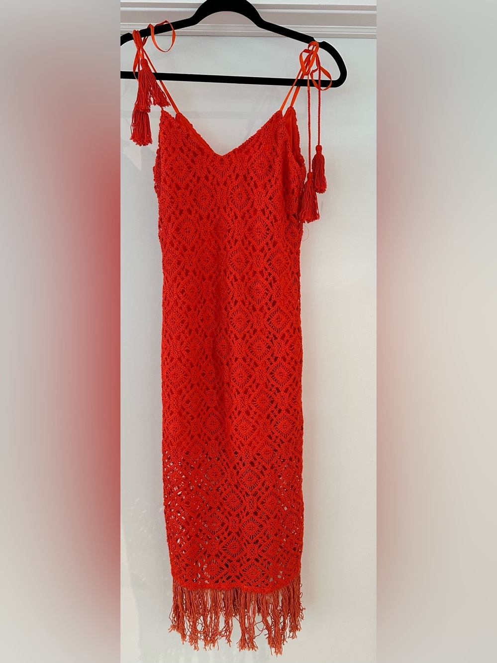 Cinq à Sept Coral Crochet Lace Fringe Midi Dress Tassel Tie Straps Resort Boho S